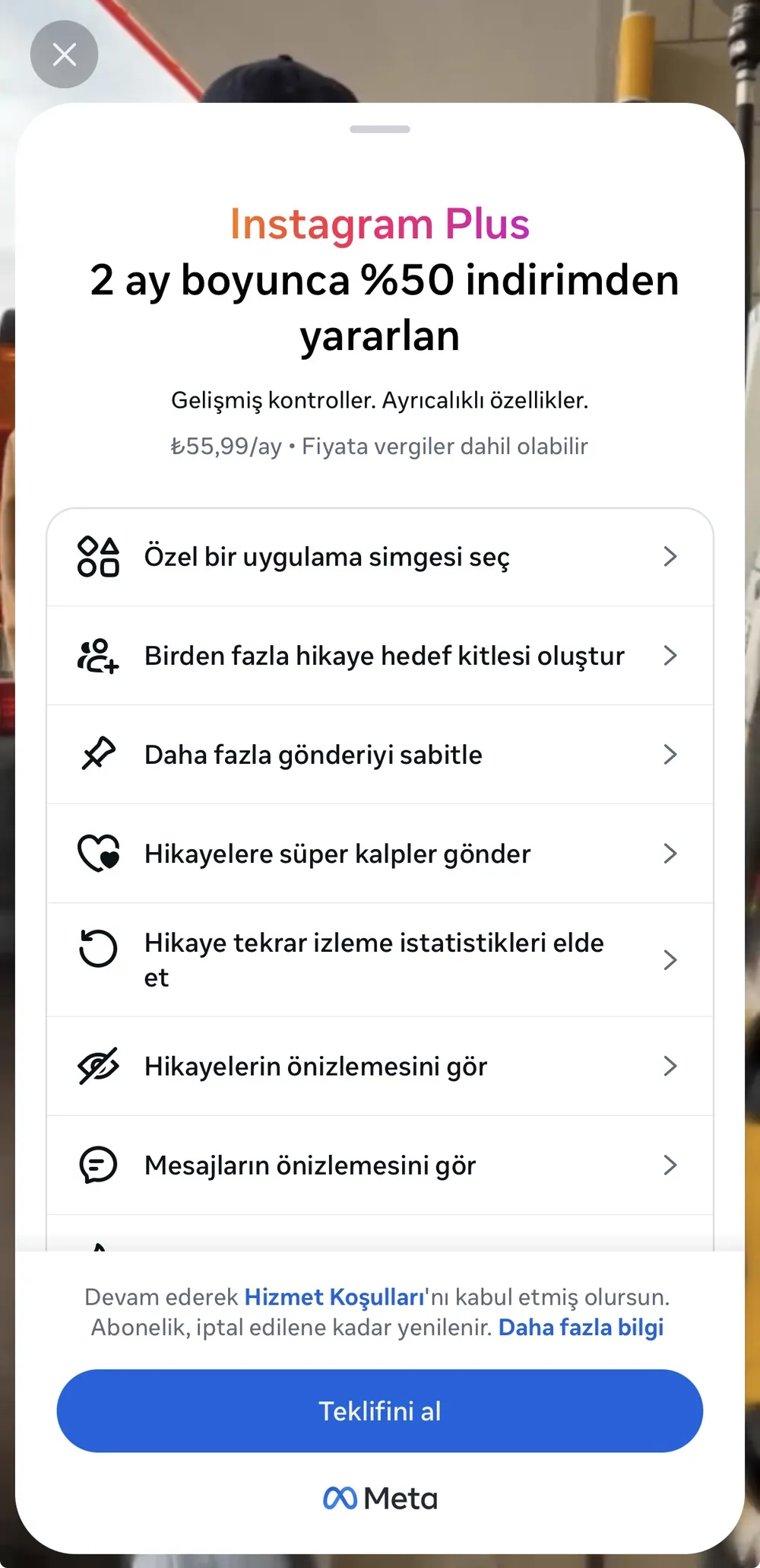 Instagram Plus satın alma ekranı: aylık ücret, indirim teklifi ve özellik listesi